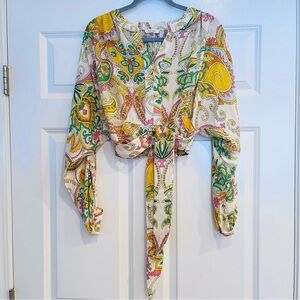 Haute Hippie Cropped Blouse Top Sz Small Paisley Tie Waist Boho Vibrant Tropical